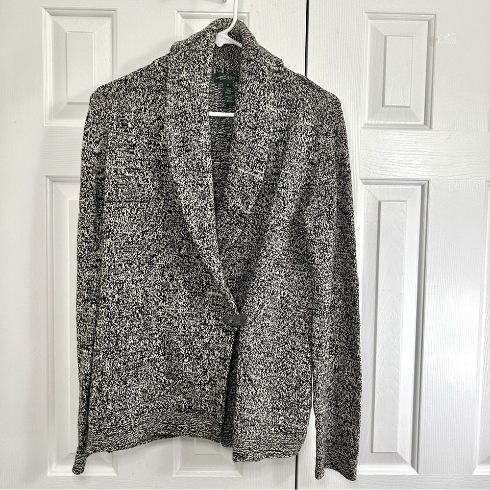 Lauren Ralph Lauren Black & Cream Speckle Cotton Blend Wrap Cardigan Sweater M